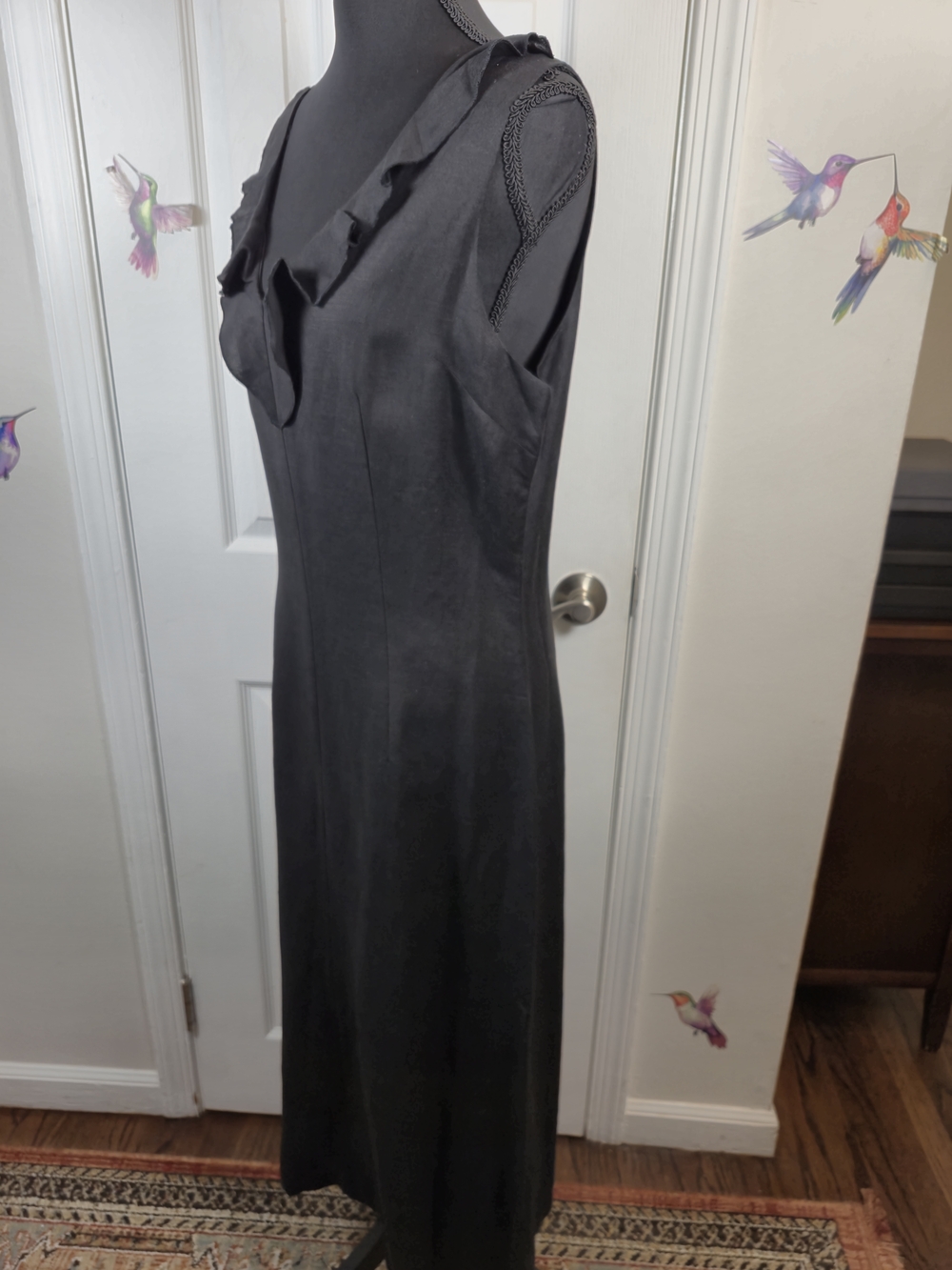 Joy & Peace Summer Linen Blend Ruffle V-Neck Maxi Dress Black 10P - Picture 4 of 7